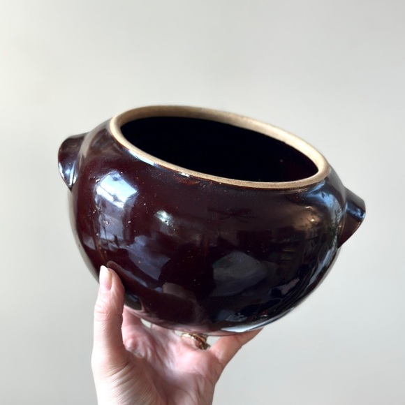 Vintage Stoneware Crock Brown Glaze Ceramic Planter Pot Bowl aside Handles USA - Picture 3 of 7